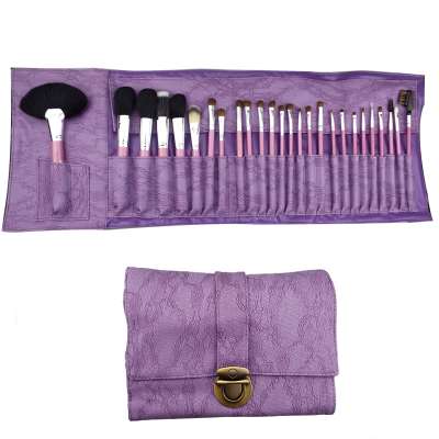 China yiwu professional factory makeup brush set lavender horse hair wood handle with PU leather bag popular oval makeup brush